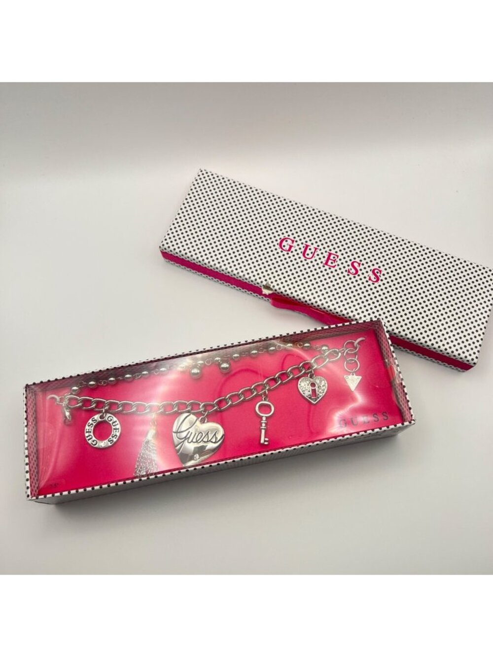 Guess Silver-Tone Charm Bracelet 7.5" Heart Key Lock Rhinestone Accents NIB